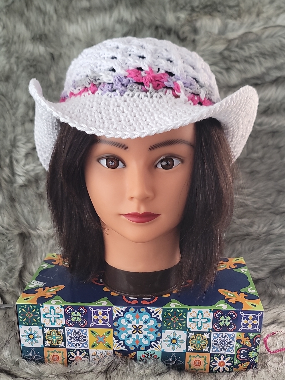Handmade White Crochet Summer Hat with Pink & Lavender Accents